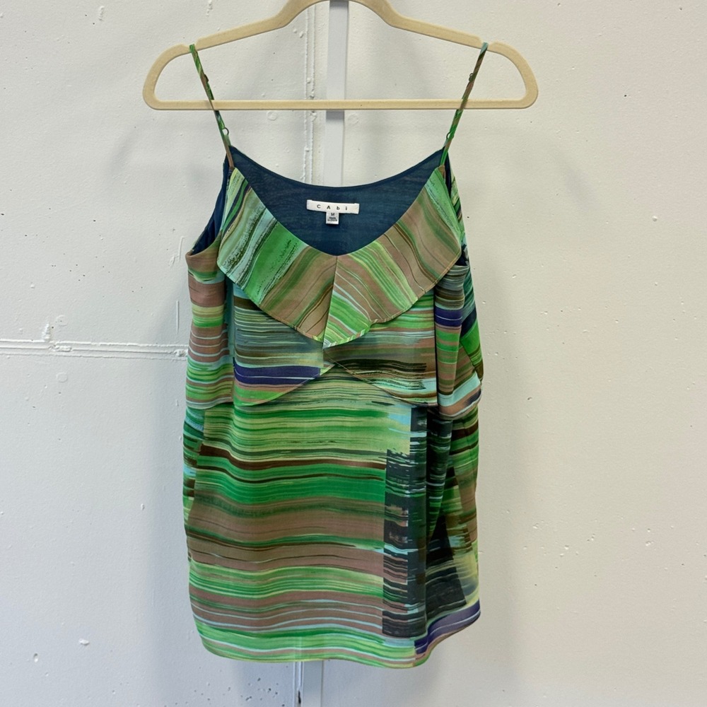 Y2K Cabi Abstract Brushstroke Ruffle Cami Top Green Multi Sleeveless Blouse Med